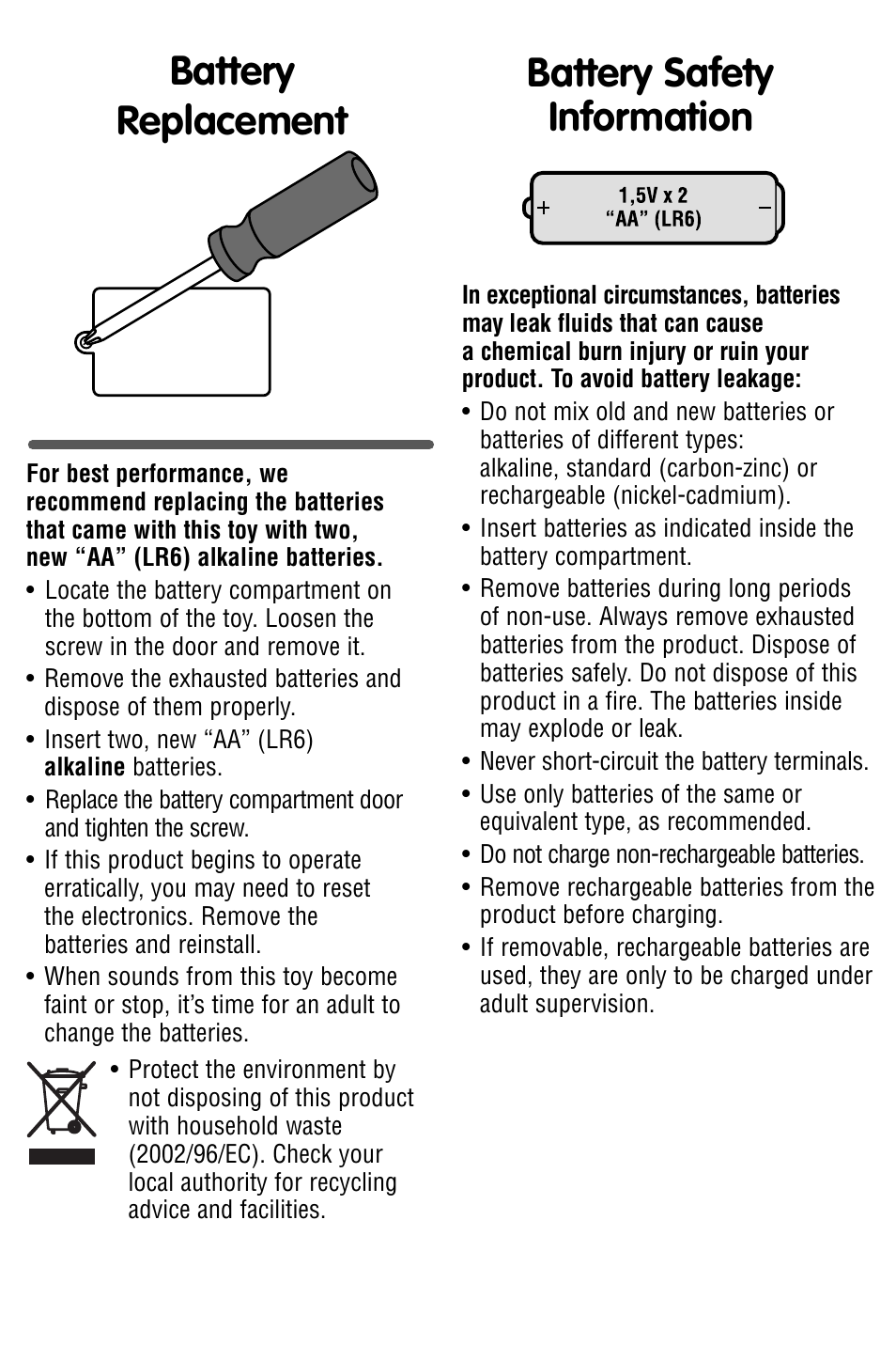 Battery replacement battery safety information | Fisher-Price x0018 User Manual | Page 2 / 4