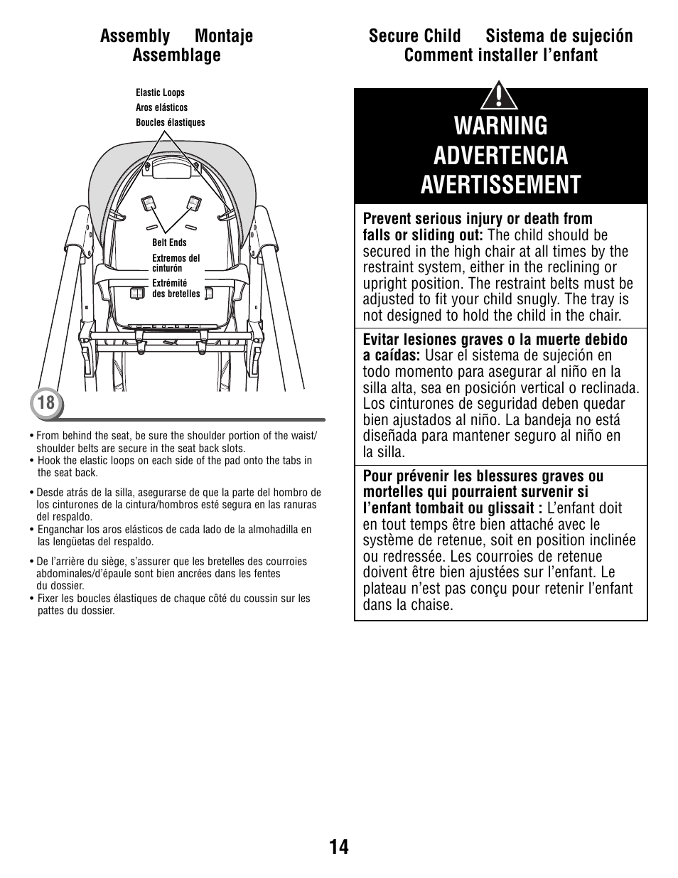 Warning advertencia avertissement, Assembly montaje assemblage 18 | Fisher-Price Secure Child System V8606 User Manual | Page 14 / 24