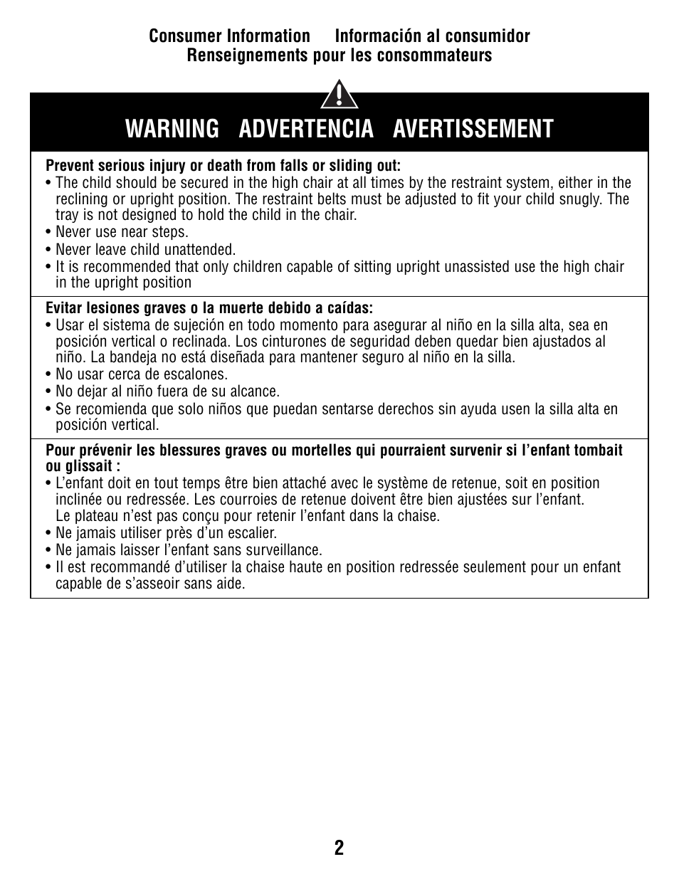 Warning advertencia avertissement | Fisher-Price Secure Child System V8606 User Manual | Page 2 / 24