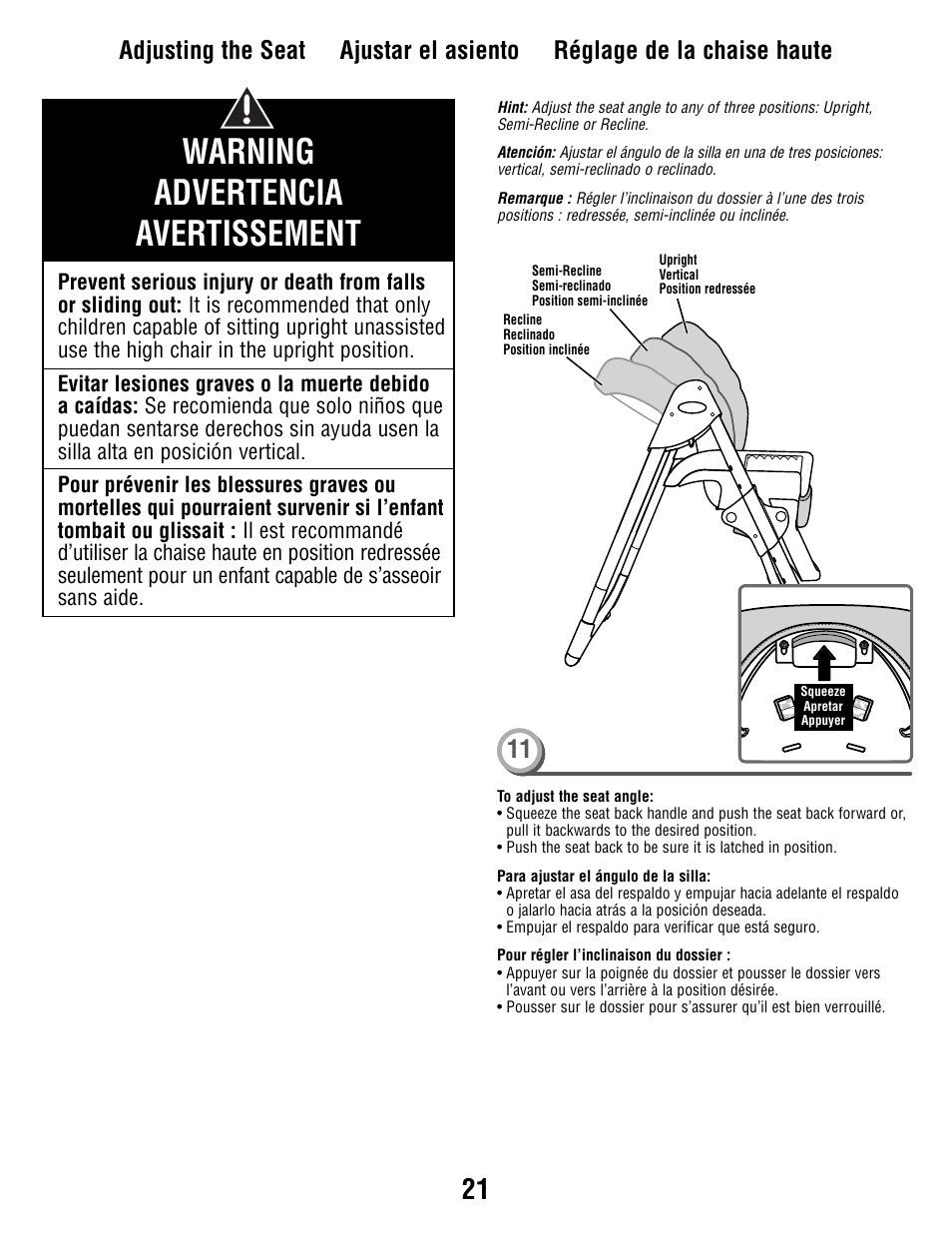 Warning advertencia avertissement | Fisher-Price Secure Child System V8606 User Manual | Page 21 / 24