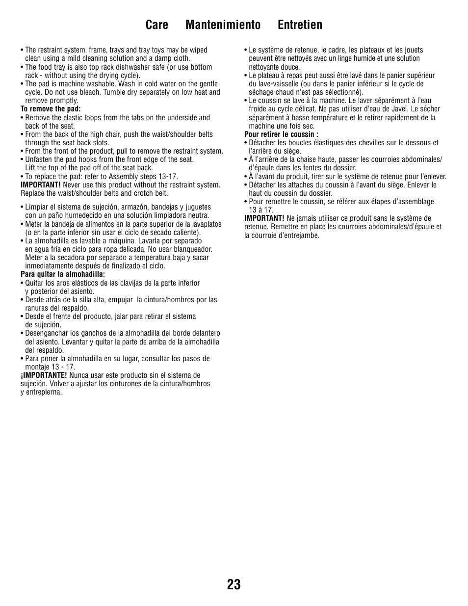 Care mantenimiento entretien | Fisher-Price Secure Child System V8606 User Manual | Page 23 / 24