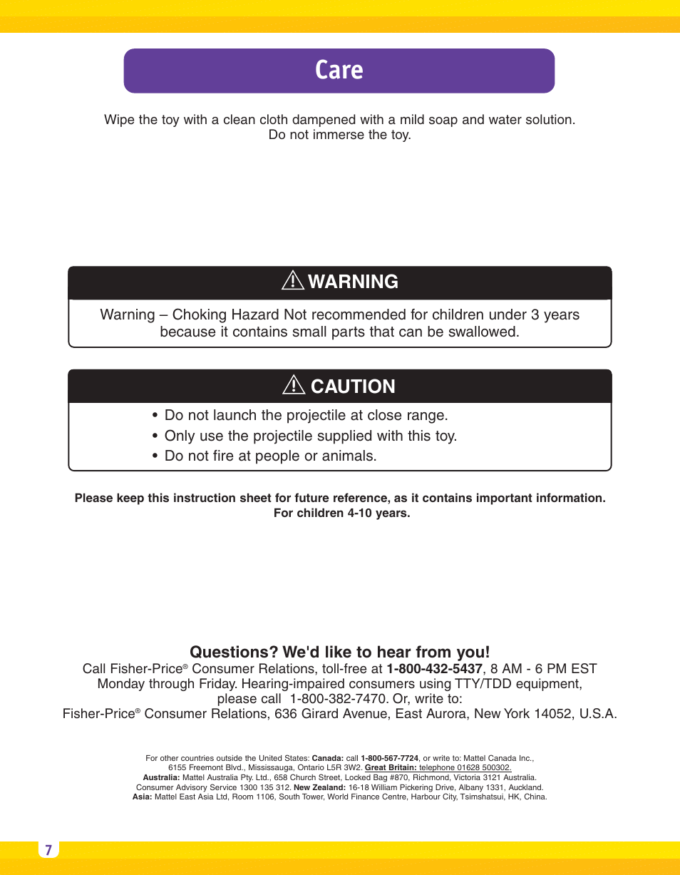 Care, Warning caution, Questions? we'd like to hear from you | Fisher-Price IMAGINEXT B1472 User Manual | Page 7 / 8