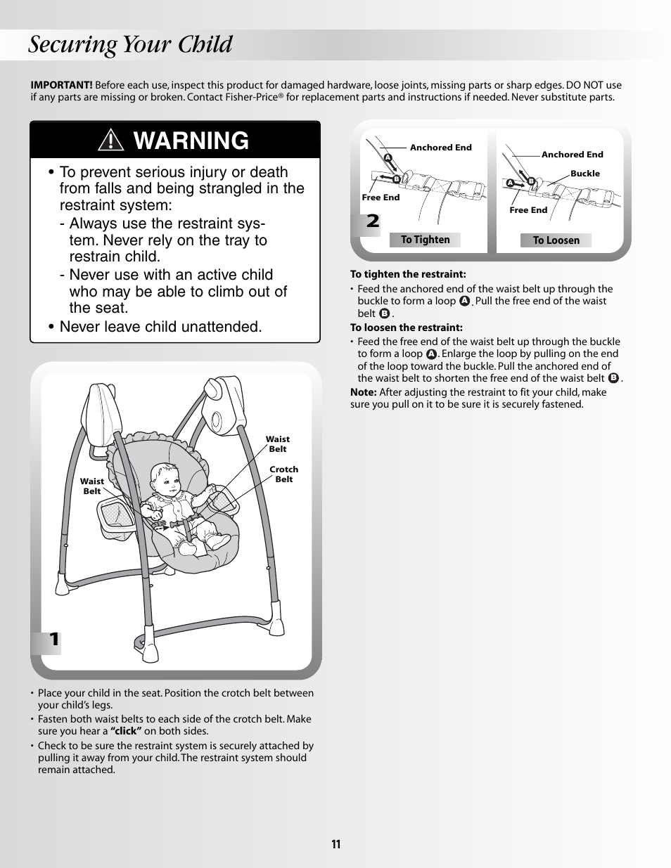 Securing your child, Warning | Fisher-Price DELUXE SMART RESPONSE B2388 User Manual | Page 11 / 16