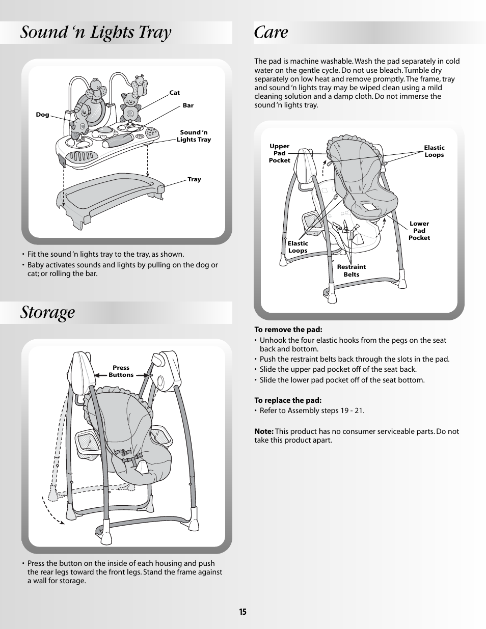 Sound ‘n lights tray, Storage, Care | Fisher-Price DELUXE SMART RESPONSE B2388 User Manual | Page 15 / 16
