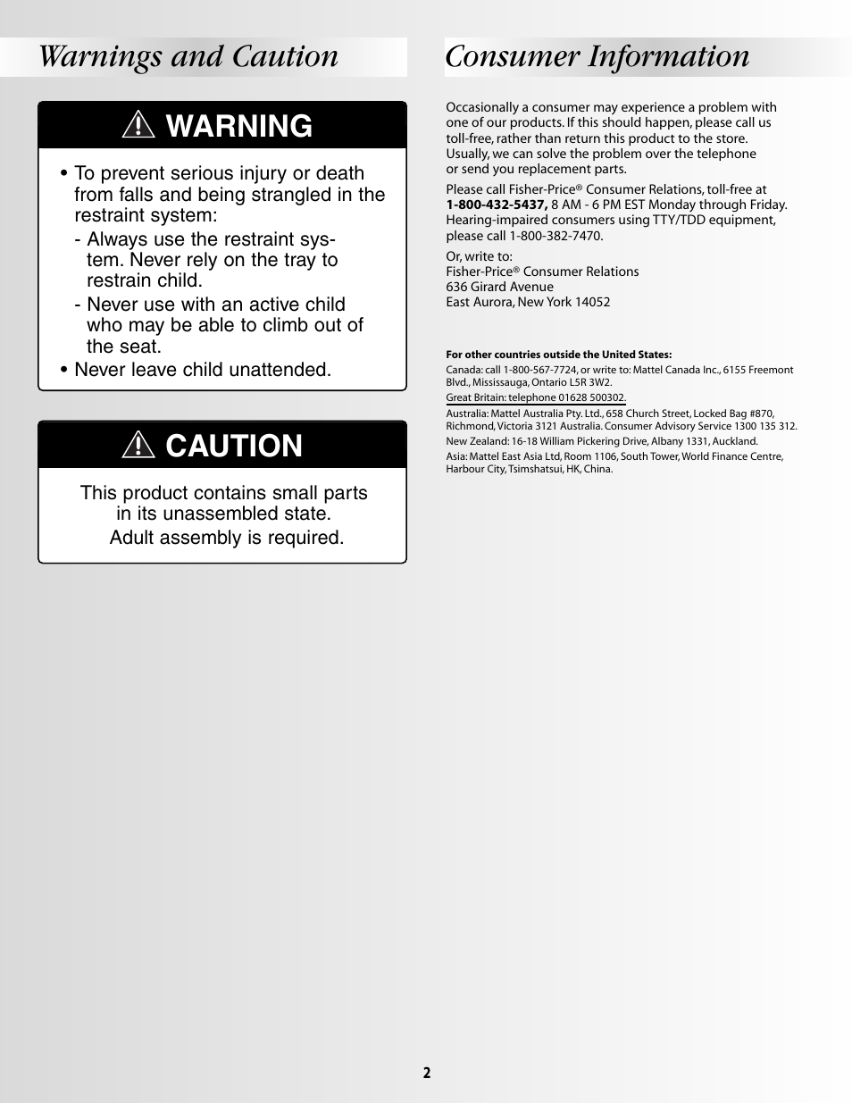 Warnings and caution, Consumer information, Warning | Caution | Fisher-Price DELUXE SMART RESPONSE B2388 User Manual | Page 2 / 16