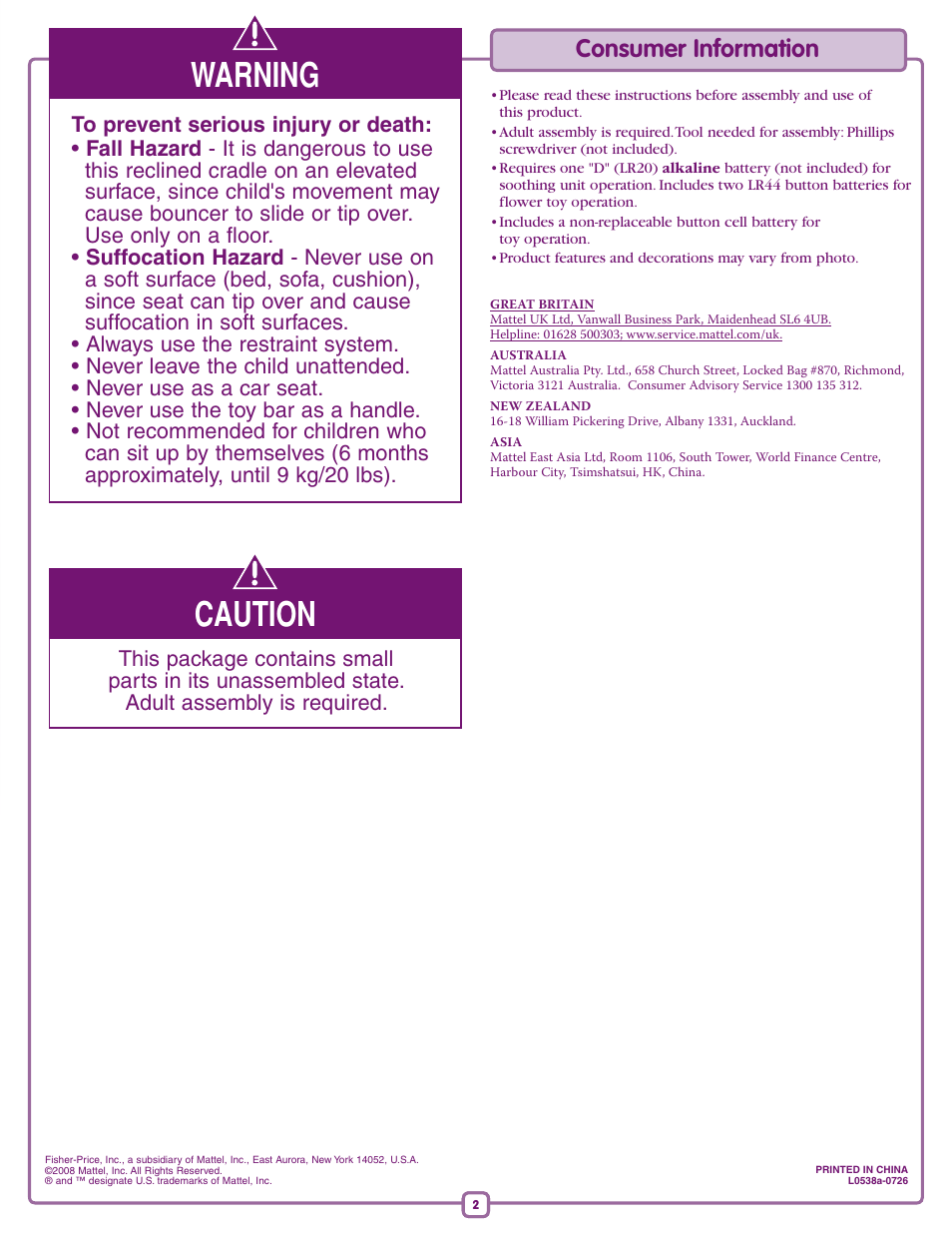 Warning, Caution, Consumer information | Fisher-Price L0538 User Manual | Page 2 / 8