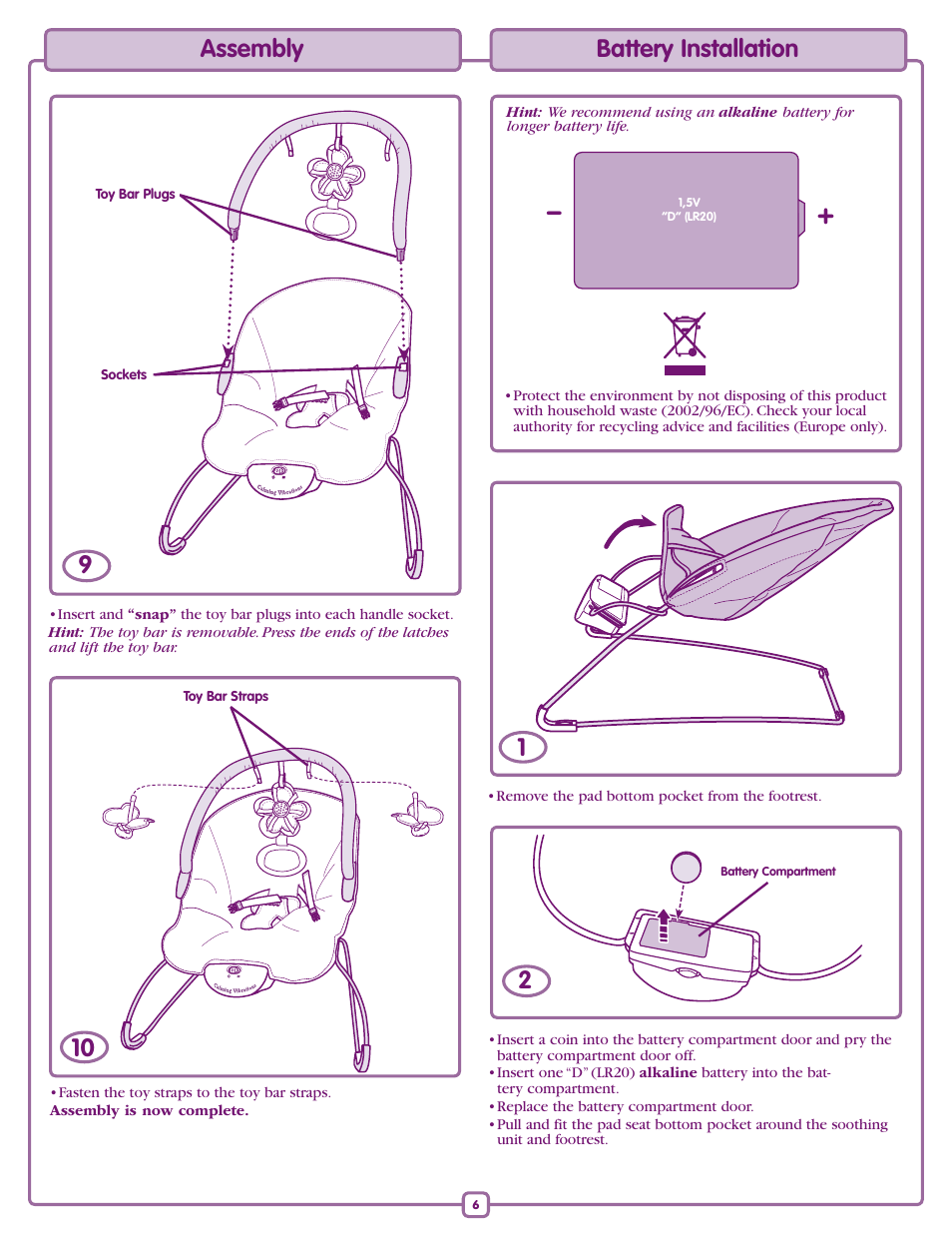 910 assembly, Battery installation | Fisher-Price L0538 User Manual | Page 6 / 8