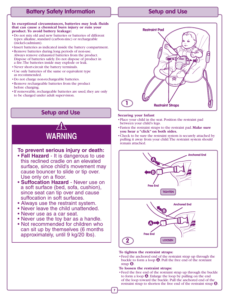 Warning, Battery safety information setup and use, 1setup and use | Fisher-Price L0538 User Manual | Page 7 / 8