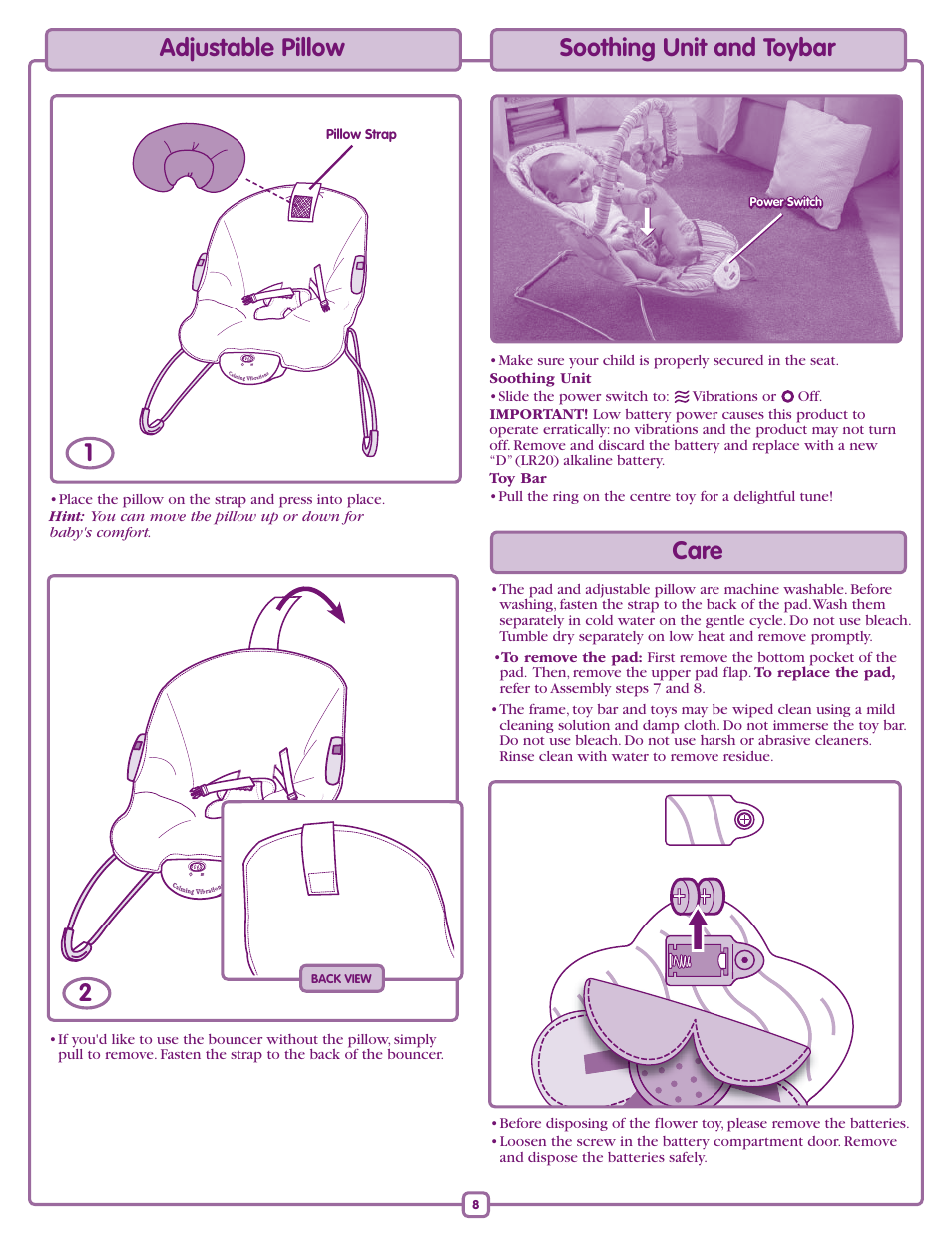 Adjustable pillow, Soothing unit and toybar, Care | Fisher-Price L0538 User Manual | Page 8 / 8