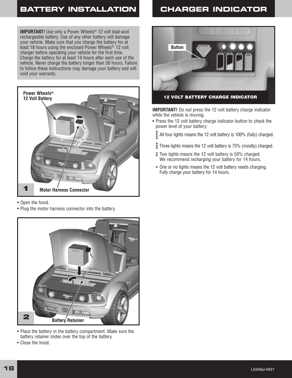 Battery installation, Charger indicator | Fisher-Price L6349 User Manual | Page 18 / 28