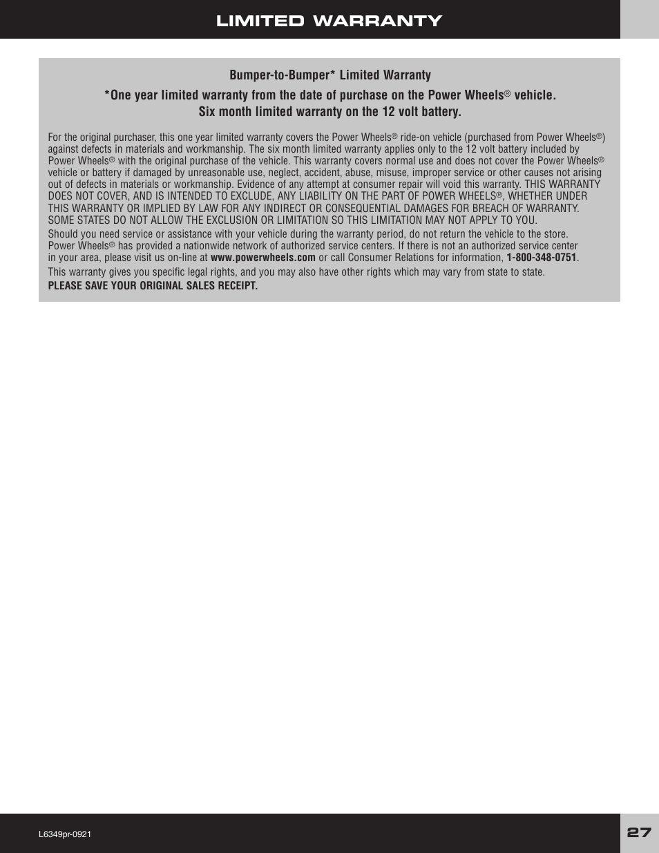 Limited warranty | Fisher-Price L6349 User Manual | Page 27 / 28