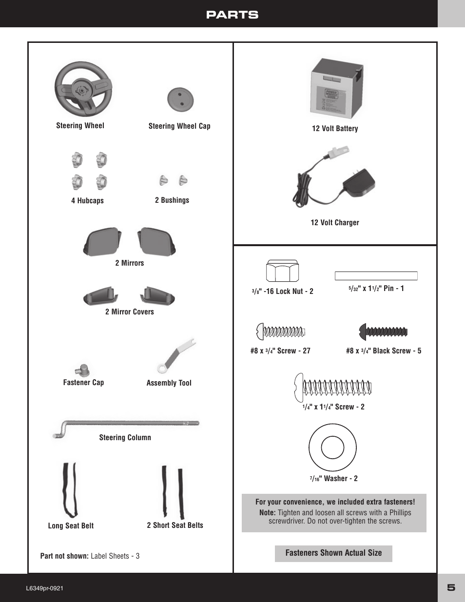 Parts, Fasteners shown actual size | Fisher-Price L6349 User Manual | Page 5 / 28