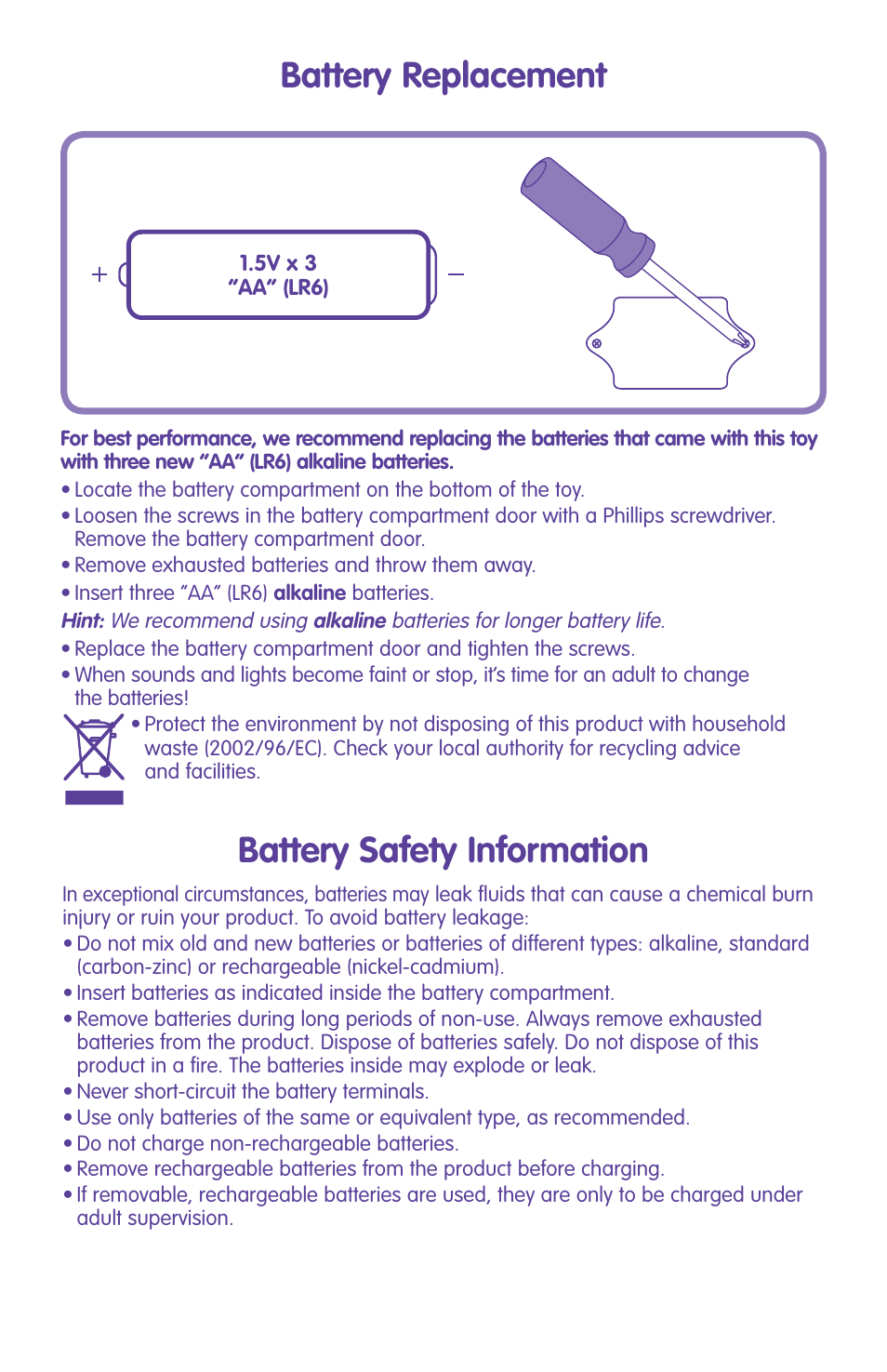 Battery replacement, Battery safety information | Fisher-Price LITTLE SUPERSTAR M3194 User Manual | Page 2 / 4