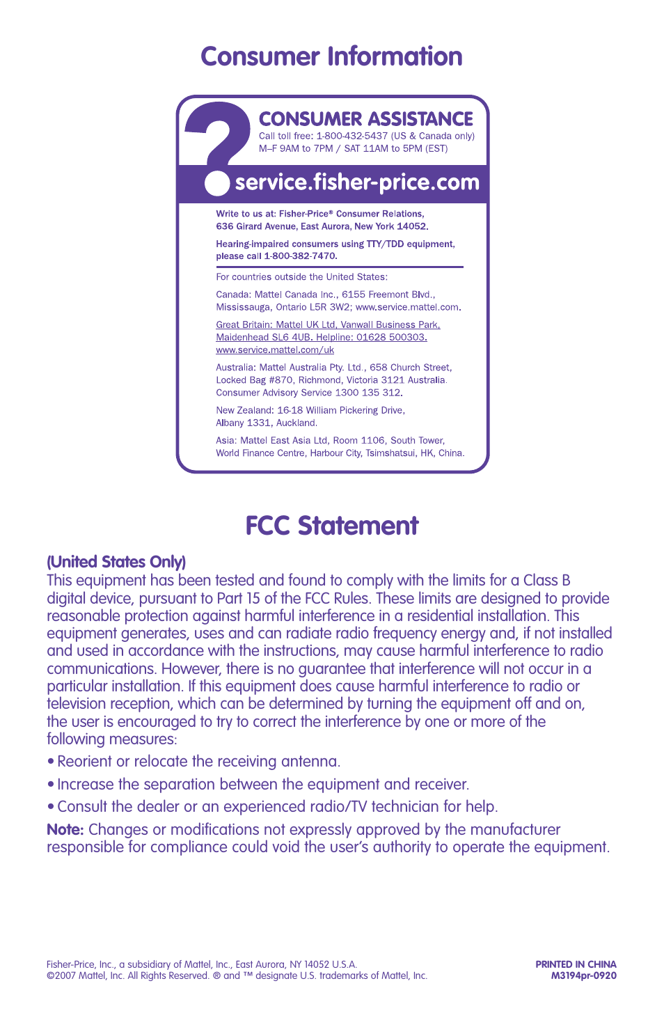 Fcc statement, Consumer information | Fisher-Price LITTLE SUPERSTAR M3194 User Manual | Page 4 / 4