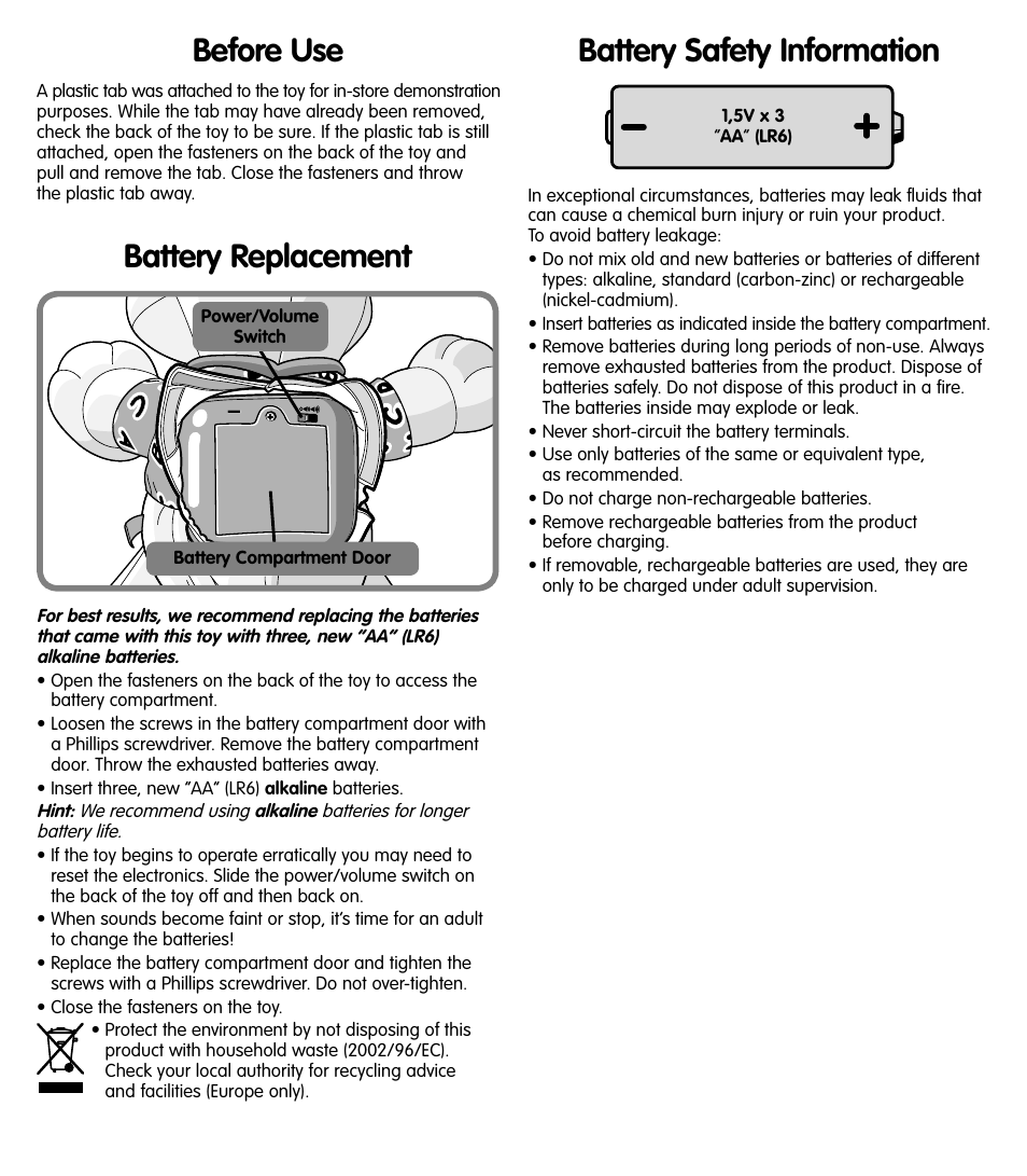 Battery safety information, Before use, Battery replacement | Fisher-Price G2810 User Manual | Page 2 / 4