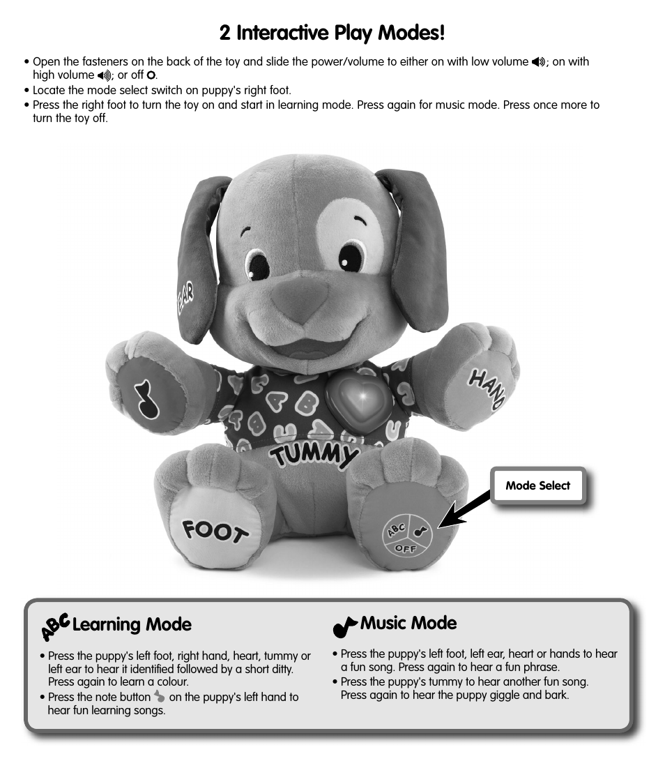2 interactive play modes, Music mode, Learning mode | Fisher-Price G2810 User Manual | Page 3 / 4