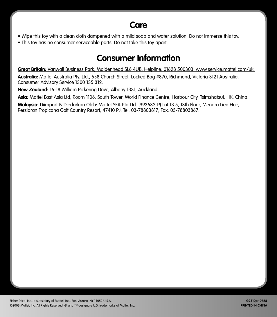 Consumer information, Care | Fisher-Price G2810 User Manual | Page 4 / 4