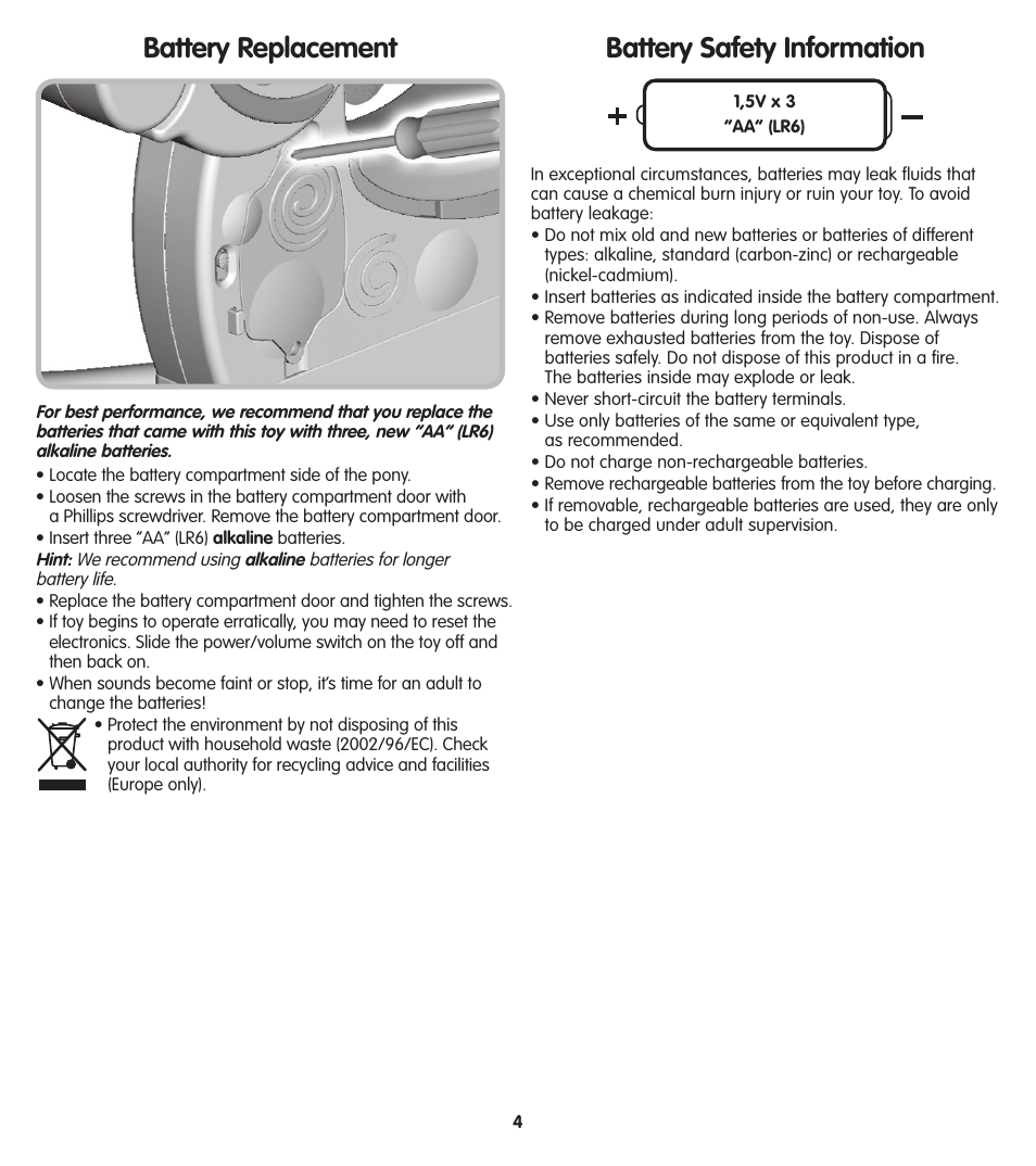 Battery replacement, Battery safety information | Fisher-Price V7505 User Manual | Page 4 / 6