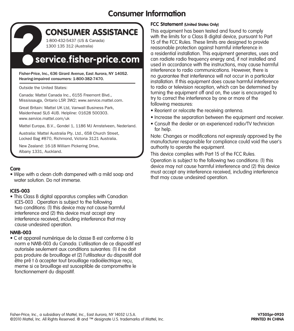 Consumer assistance, Consumer information | Fisher-Price V7505 User Manual | Page 6 / 6