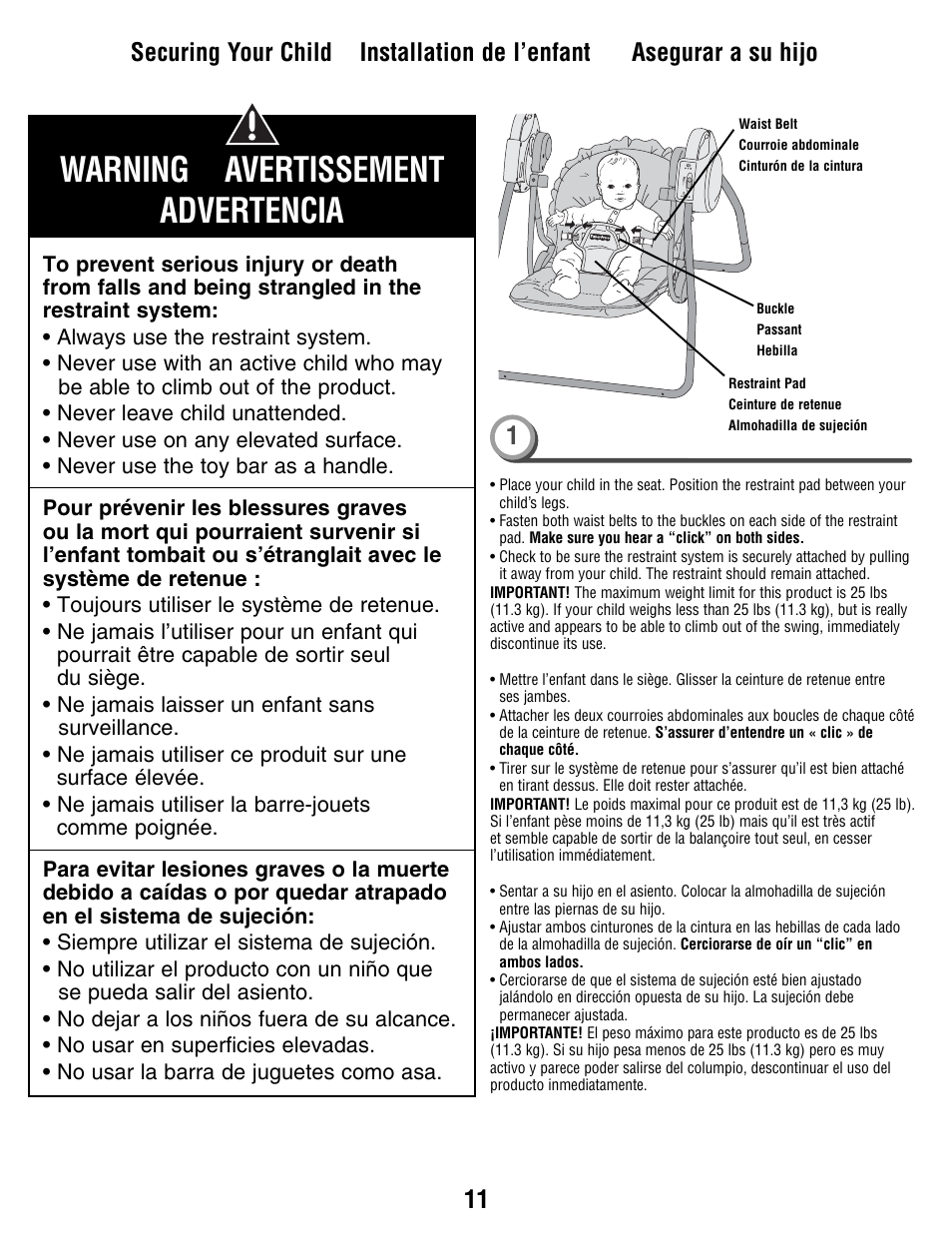 Warning avertissement advertencia | Fisher-Price N9327 User Manual | Page 11 / 16