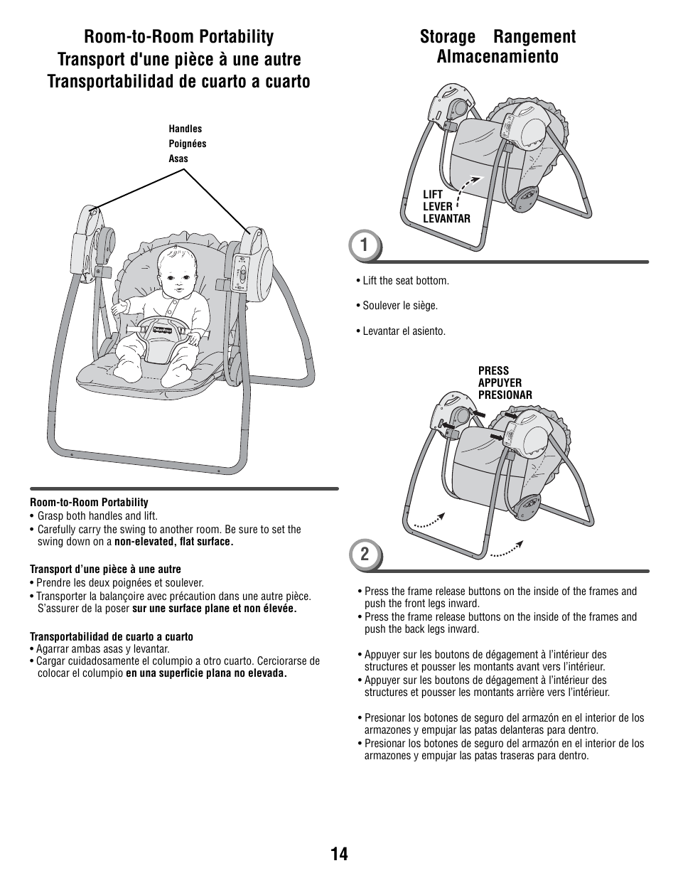 Storage rangement almacenamiento 1 2 | Fisher-Price N9327 User Manual | Page 14 / 16