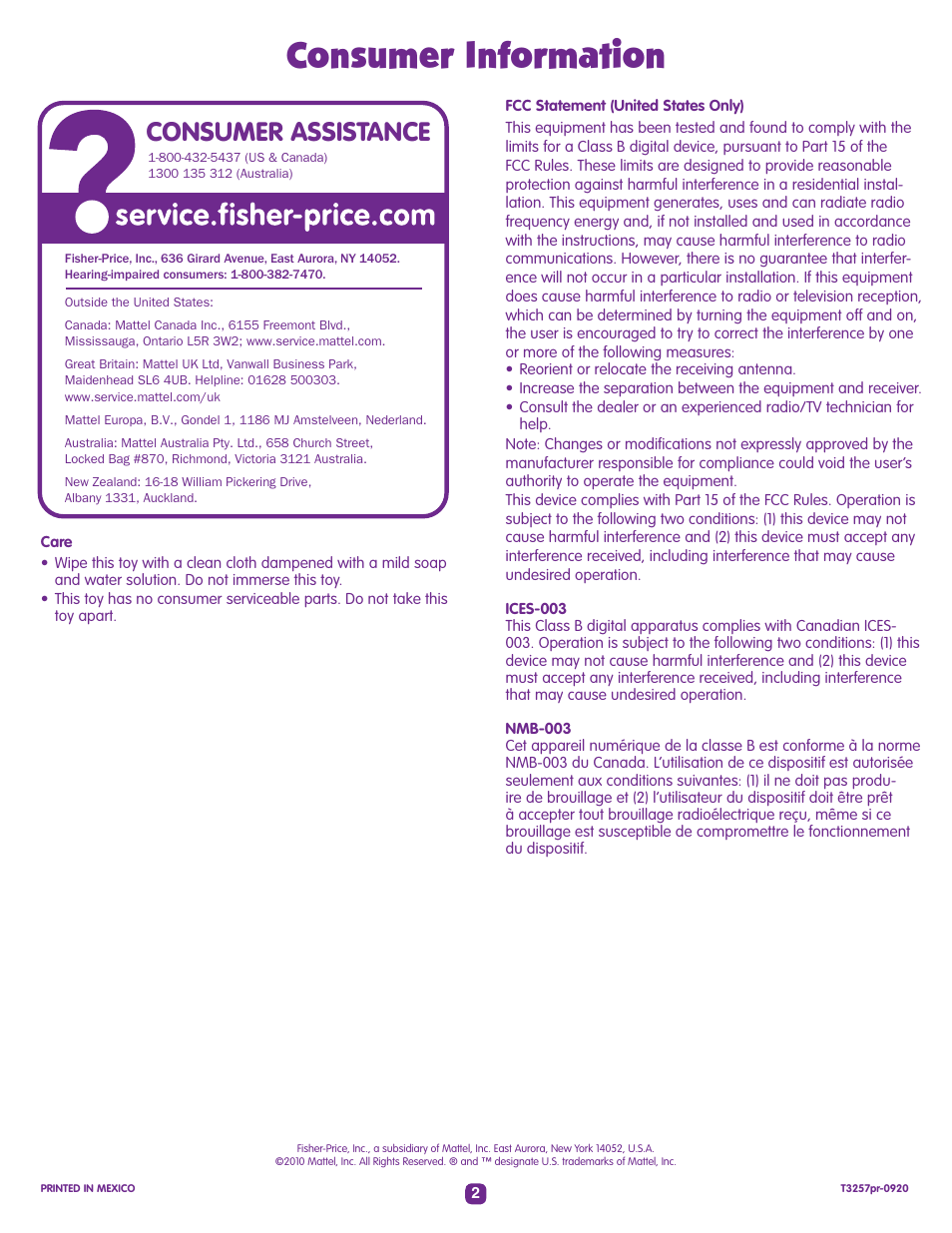 Consumer information, Consumer assistance | Fisher-Price TODDLER T3257 User Manual | Page 2 / 8
