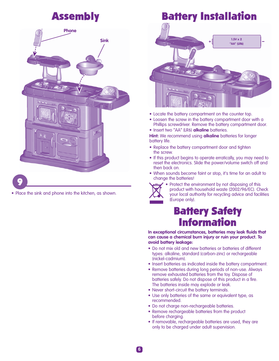 Battery safety information, Battery installation, Assembly | Fisher-Price TODDLER T3257 User Manual | Page 6 / 8