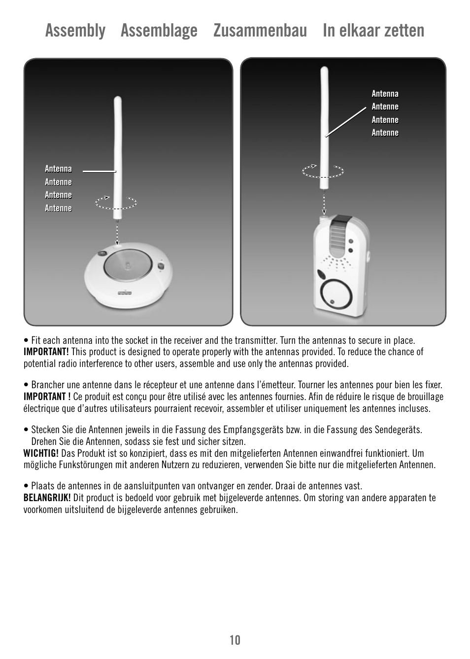 Assembly assemblage zusammenbau in elkaar zetten | Fisher-Price V4341 User Manual | Page 10 / 96