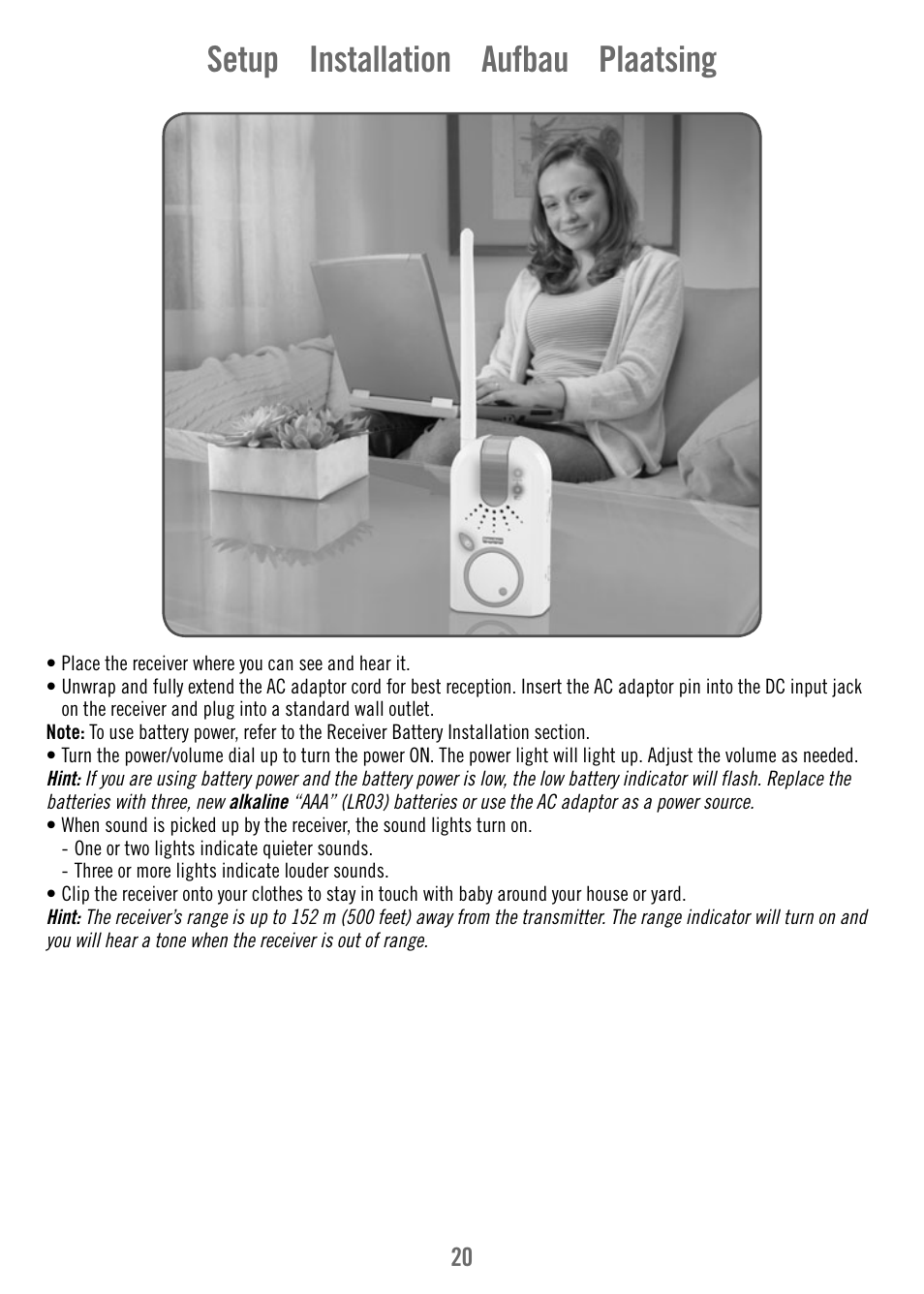 Setup installation aufbau plaatsing | Fisher-Price V4341 User Manual | Page 20 / 96