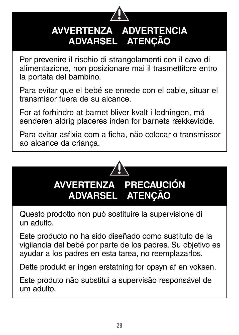 Avvertenza advertencia advarsel atenção, Avvertenza precaución advarsel atenção | Fisher-Price V4341 User Manual | Page 29 / 96