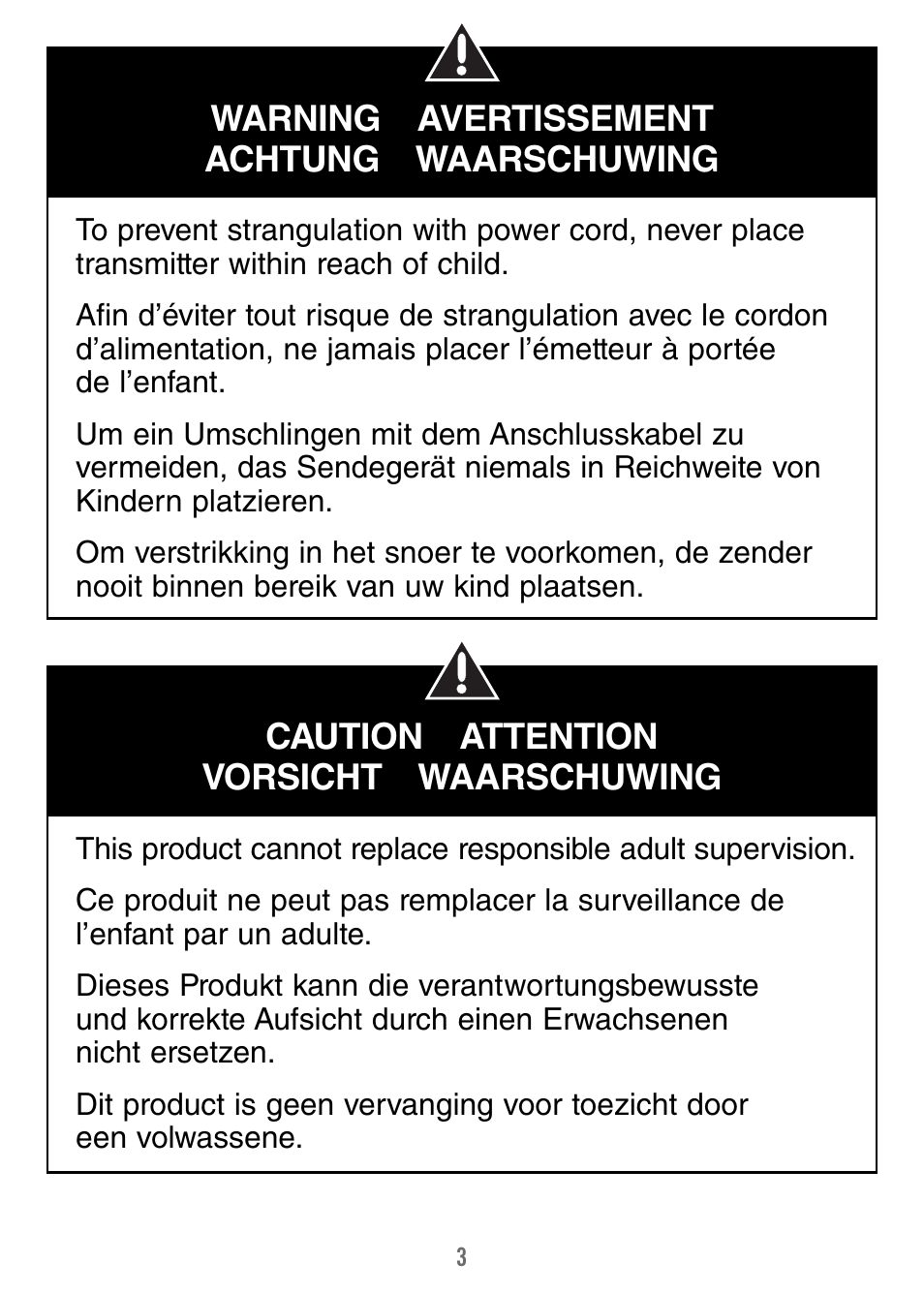 Warning avertissement achtung waarschuwing, Caution attention vorsicht waarschuwing | Fisher-Price V4341 User Manual | Page 3 / 96