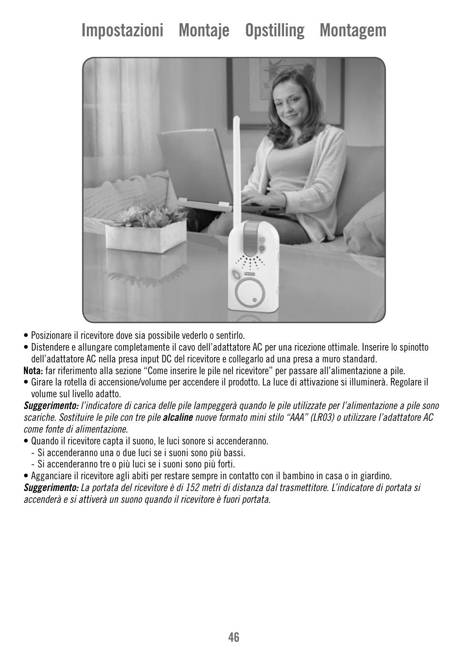 Impostazioni montaje opstilling montagem | Fisher-Price V4341 User Manual | Page 46 / 96