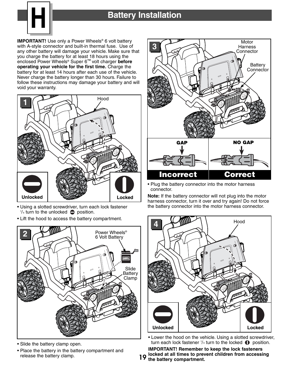 Battery installation, Correct incorrect | Fisher-Price FIREROCK 73610 User Manual | Page 19 / 28