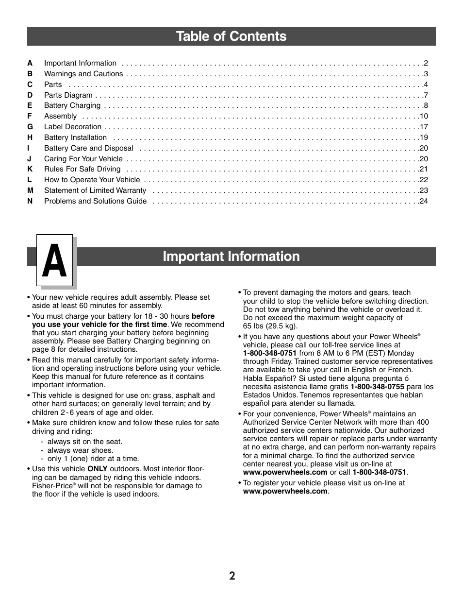 Table of contents important information | Fisher-Price FIREROCK 73610 User Manual | Page 2 / 28