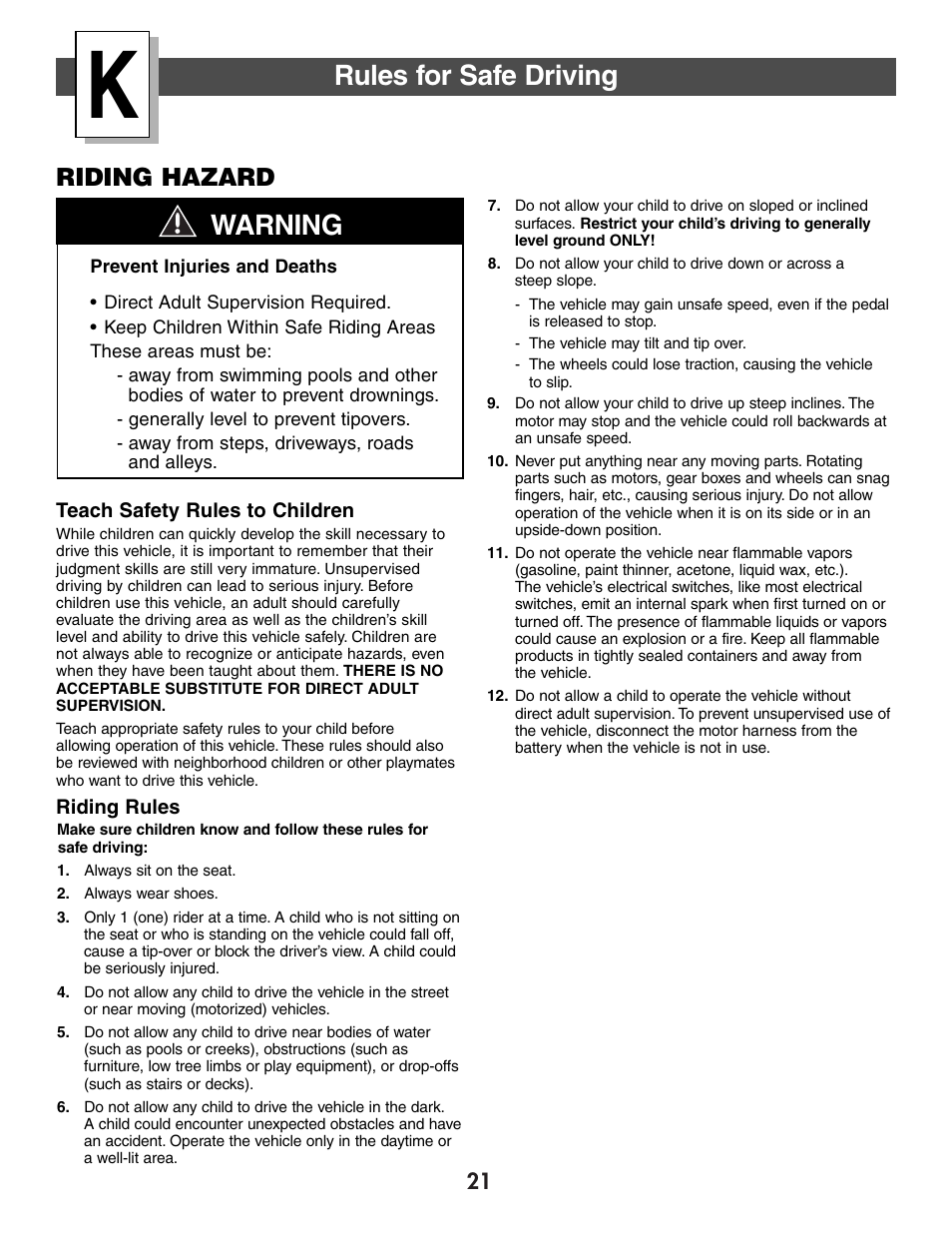 Rules for safe driving, Warning, Riding hazard | Fisher-Price FIREROCK 73610 User Manual | Page 21 / 28