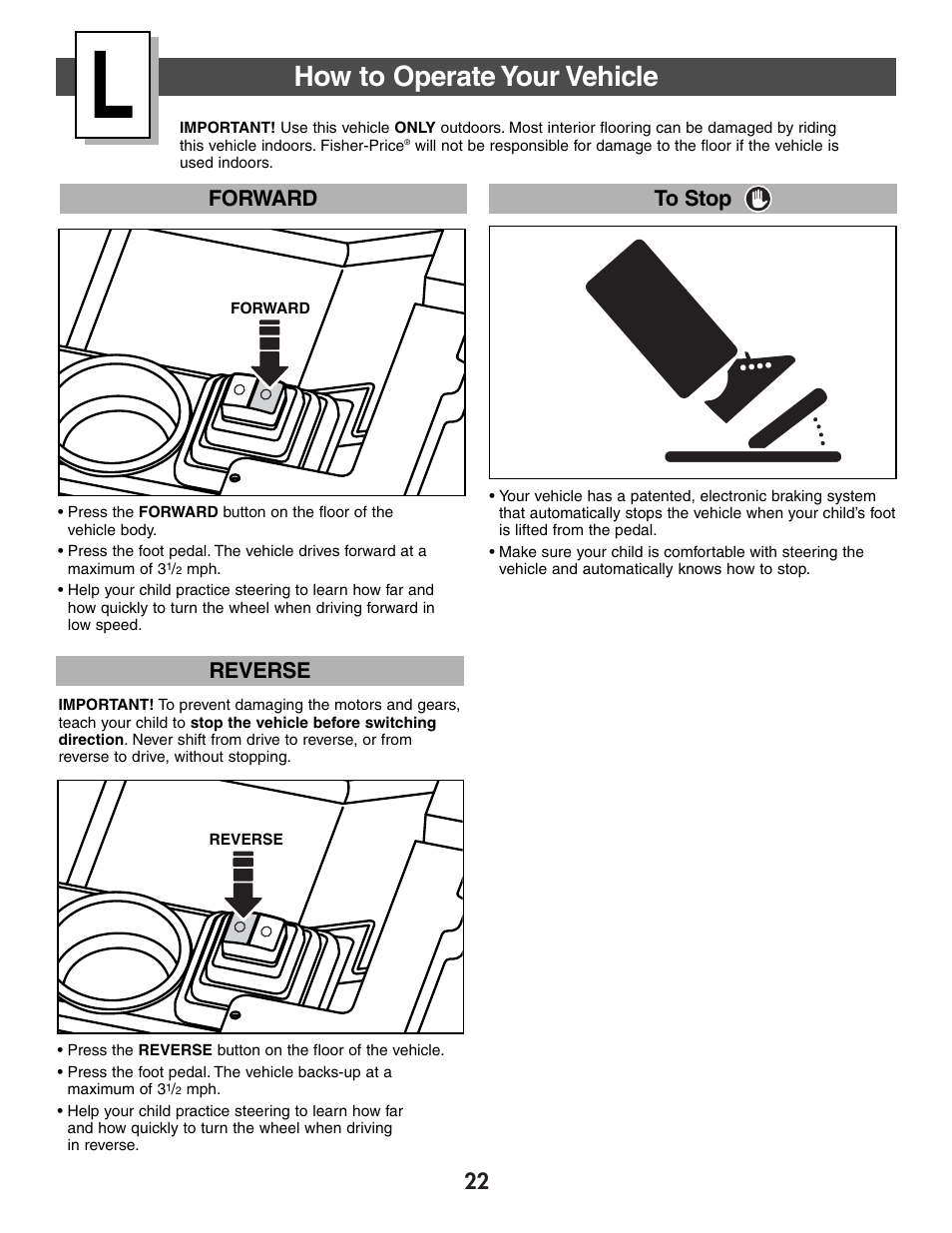 How to operate your vehicle, Forward to stop, Reverse | Fisher-Price FIREROCK 73610 User Manual | Page 22 / 28
