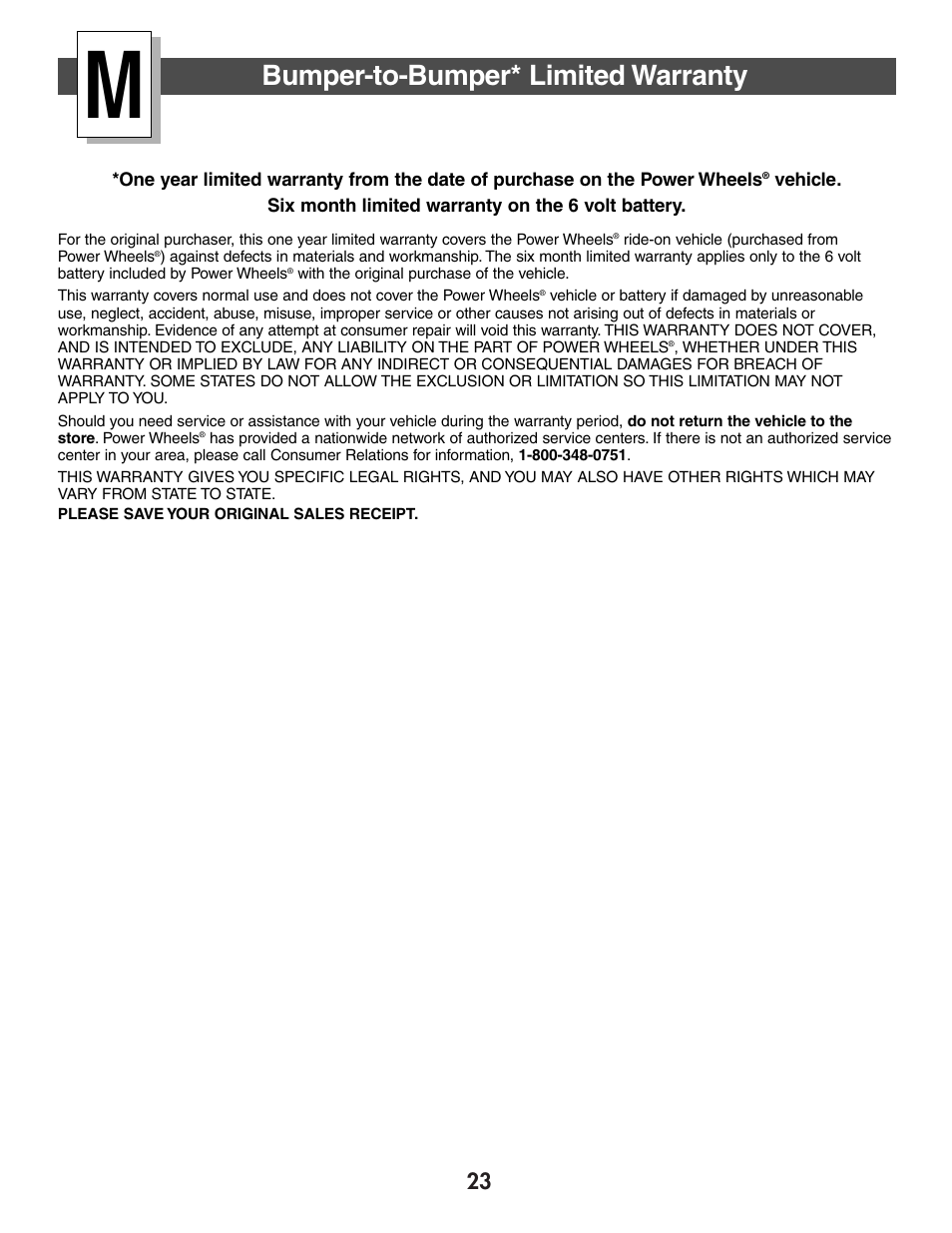 Bumper-to-bumper* limited warranty | Fisher-Price FIREROCK 73610 User Manual | Page 23 / 28