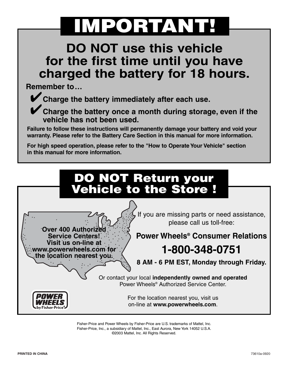 Important, Do not return your vehicle to the store | Fisher-Price FIREROCK 73610 User Manual | Page 28 / 28