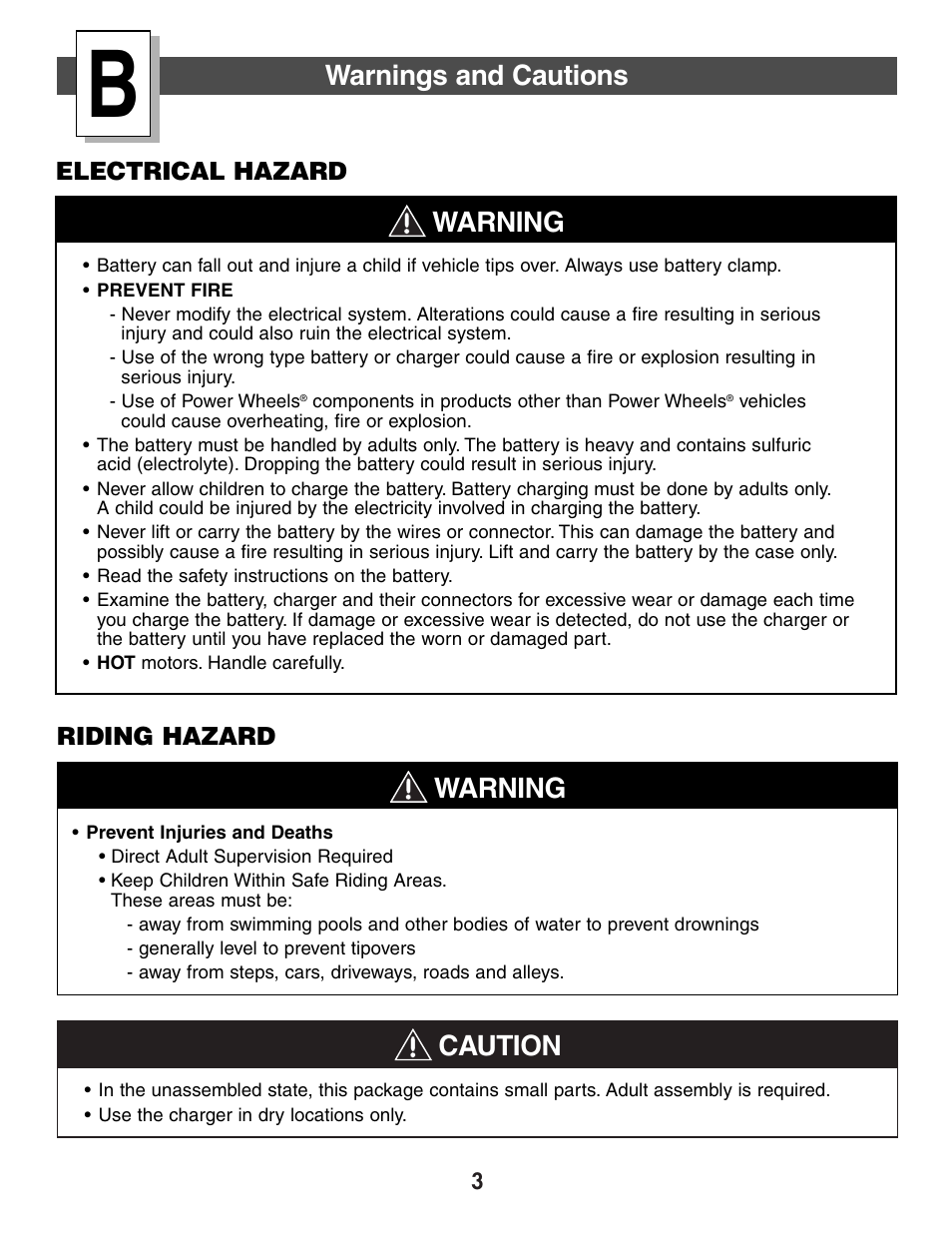 Caution, Warning, Warnings and cautions | Fisher-Price FIREROCK 73610 User Manual | Page 3 / 28