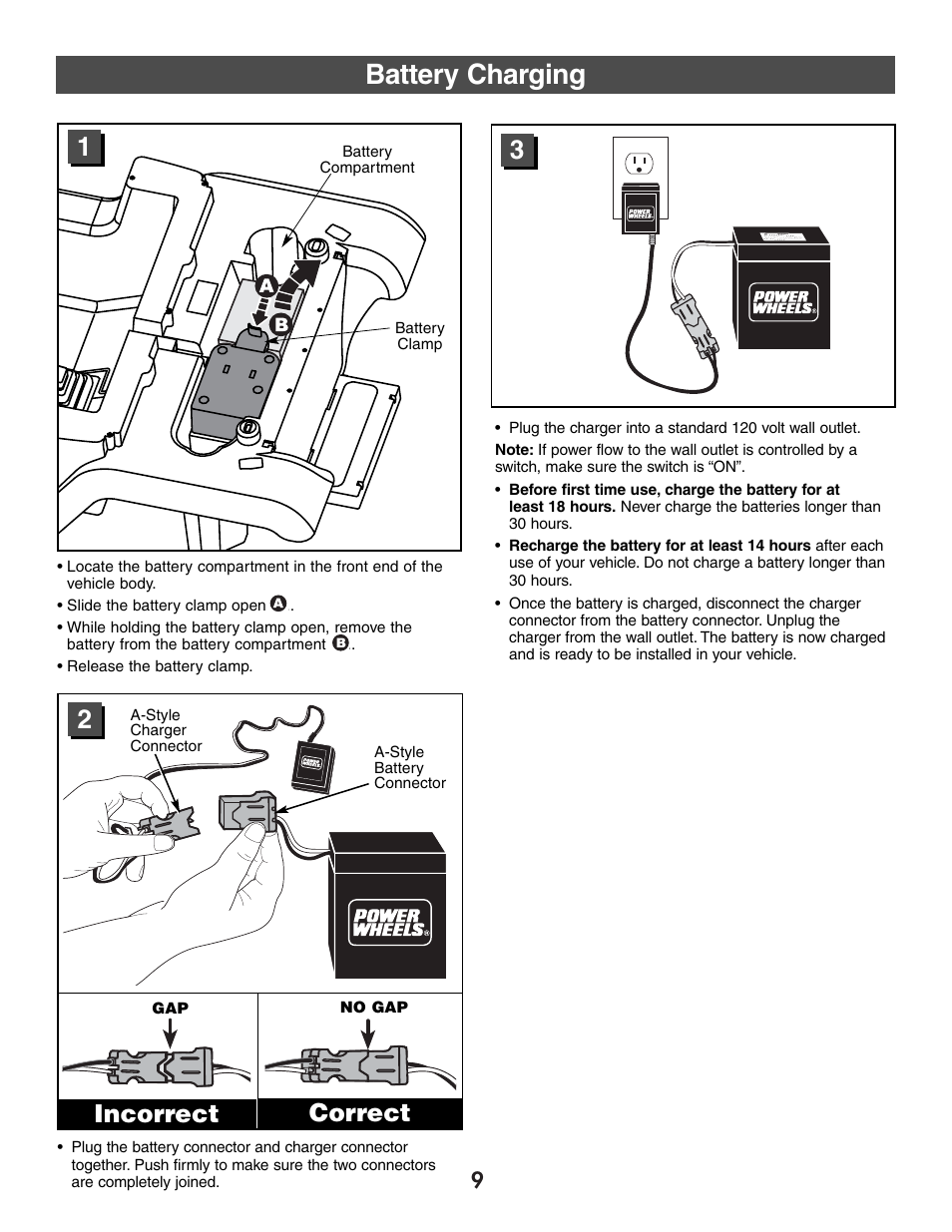 Battery charging, Correct incorrect | Fisher-Price FIREROCK 73610 User Manual | Page 9 / 28