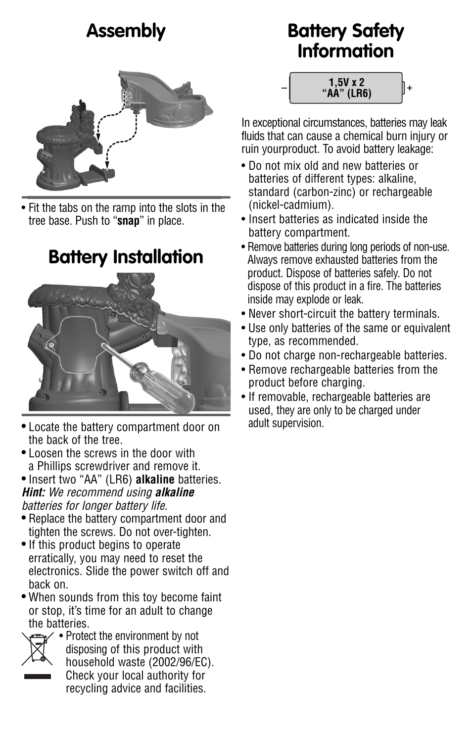 Battery installation battery safety information, Assembly | Fisher-Price W9830 User Manual | Page 2 / 4