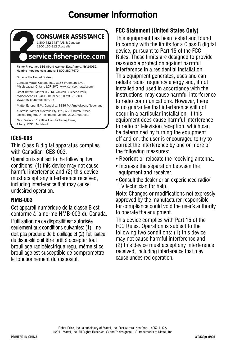 Consumer information, Consumer assistance | Fisher-Price W9830 User Manual | Page 4 / 4