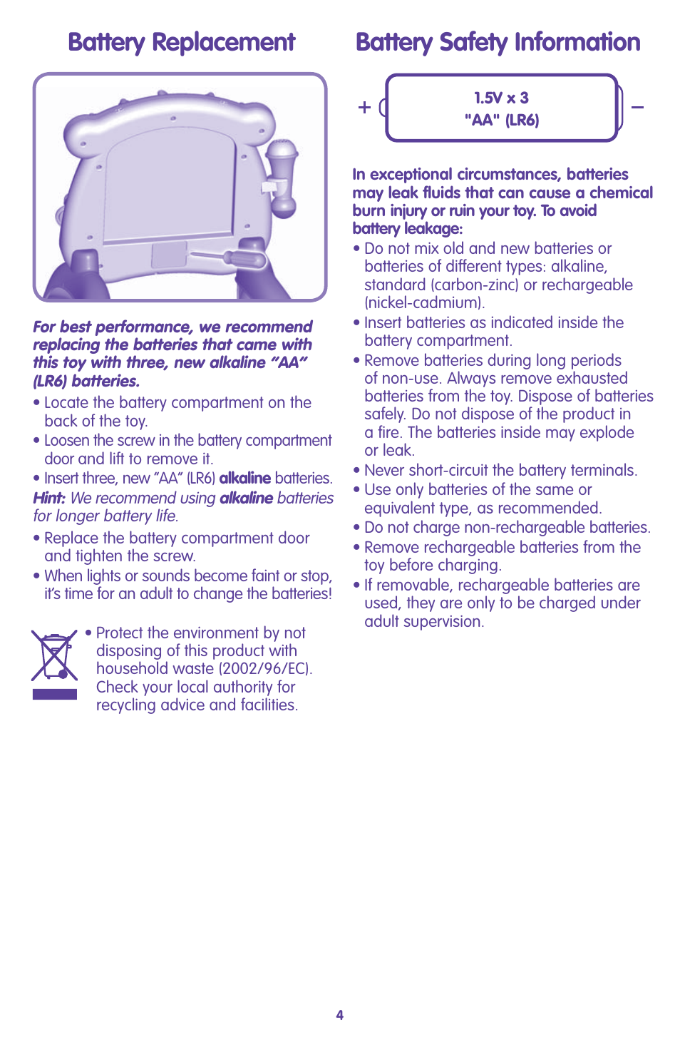 Battery replacement, Battery safety information | Fisher-Price L4805 User Manual | Page 4 / 6