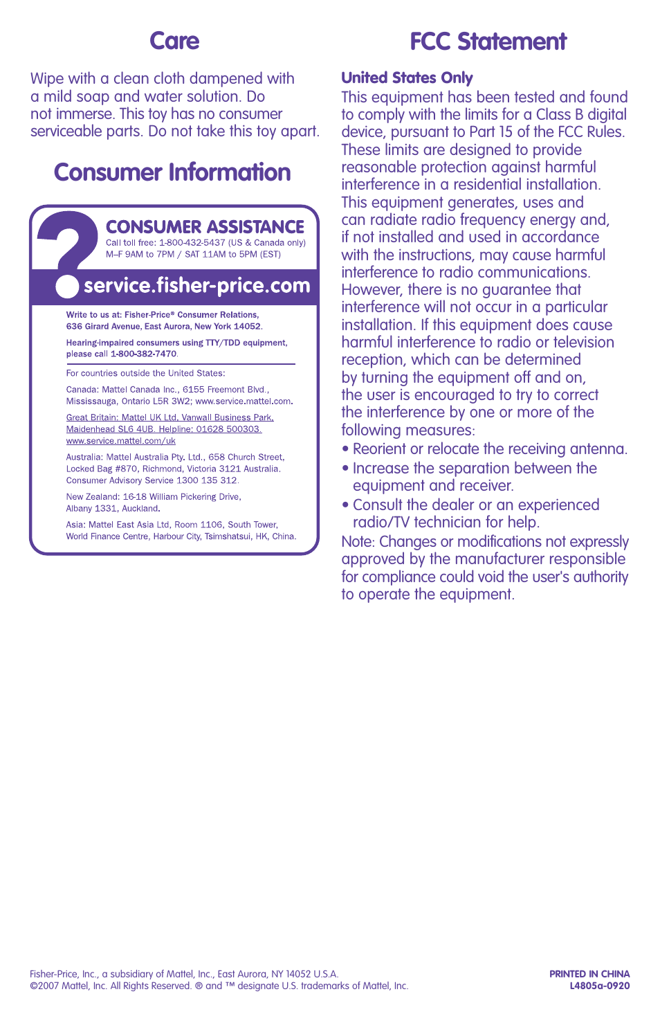 Fcc statement, Care, Consumer information | Fisher-Price L4805 User Manual | Page 6 / 6