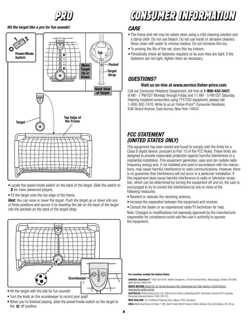 Consumer information | Fisher-Price SUPER SOUNDS SOCCER L5805 User Manual | Page 8 / 8