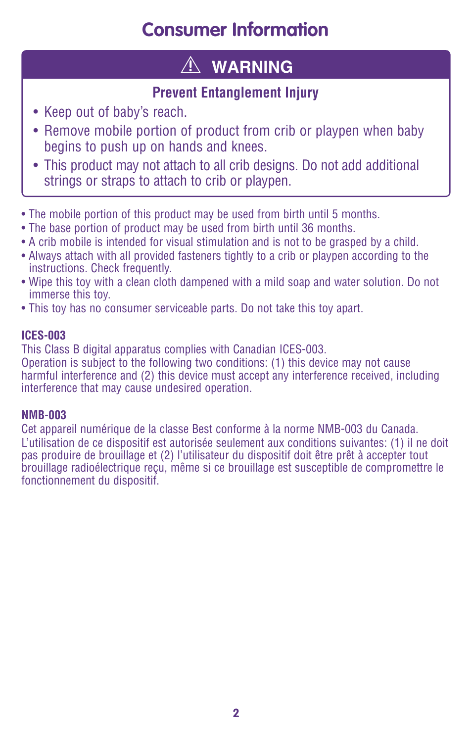 Consumer information, Warning | Fisher-Price M9970 User Manual | Page 2 / 12