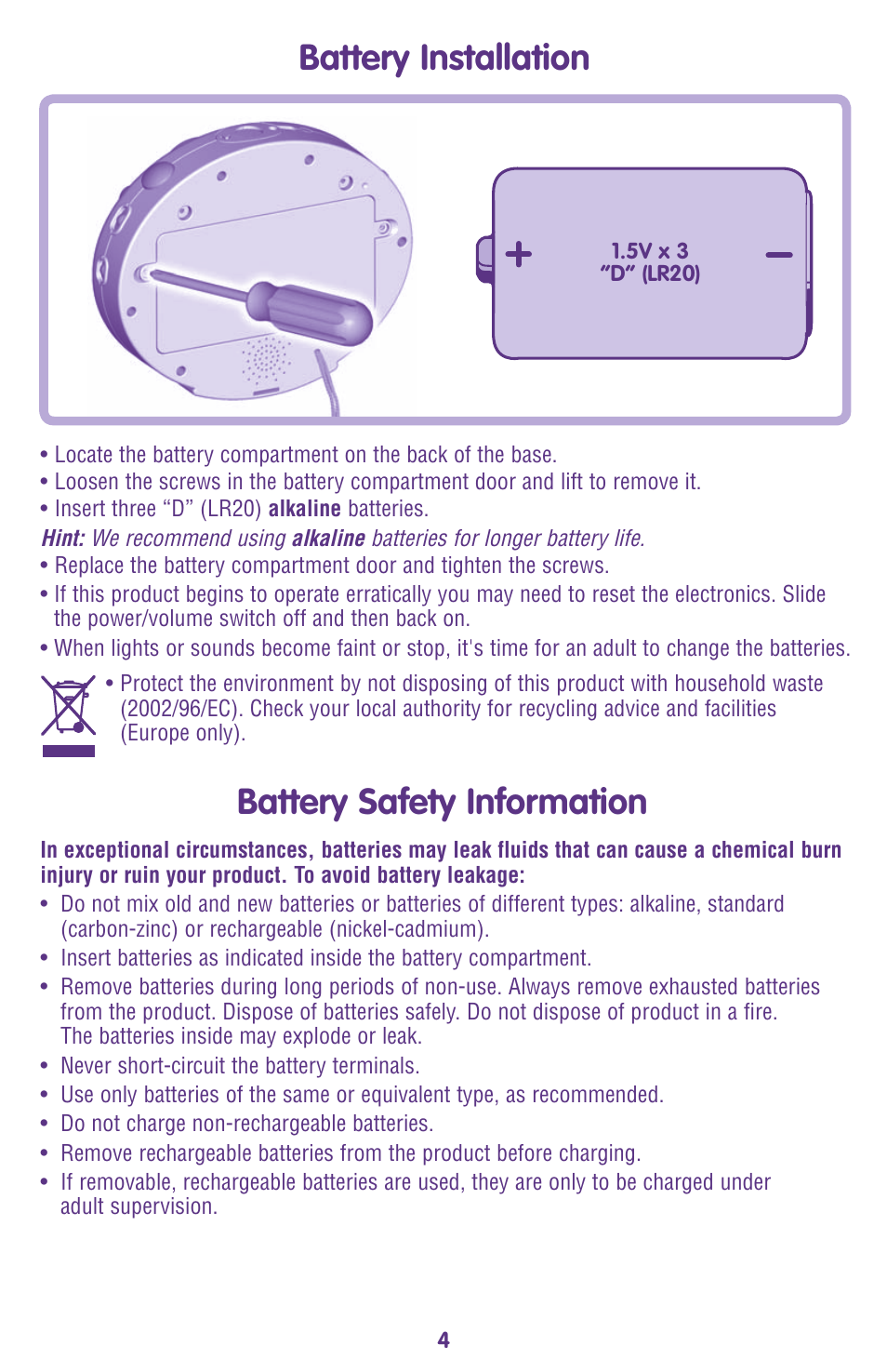Battery safety information, Battery installation | Fisher-Price M9970 User Manual | Page 4 / 12