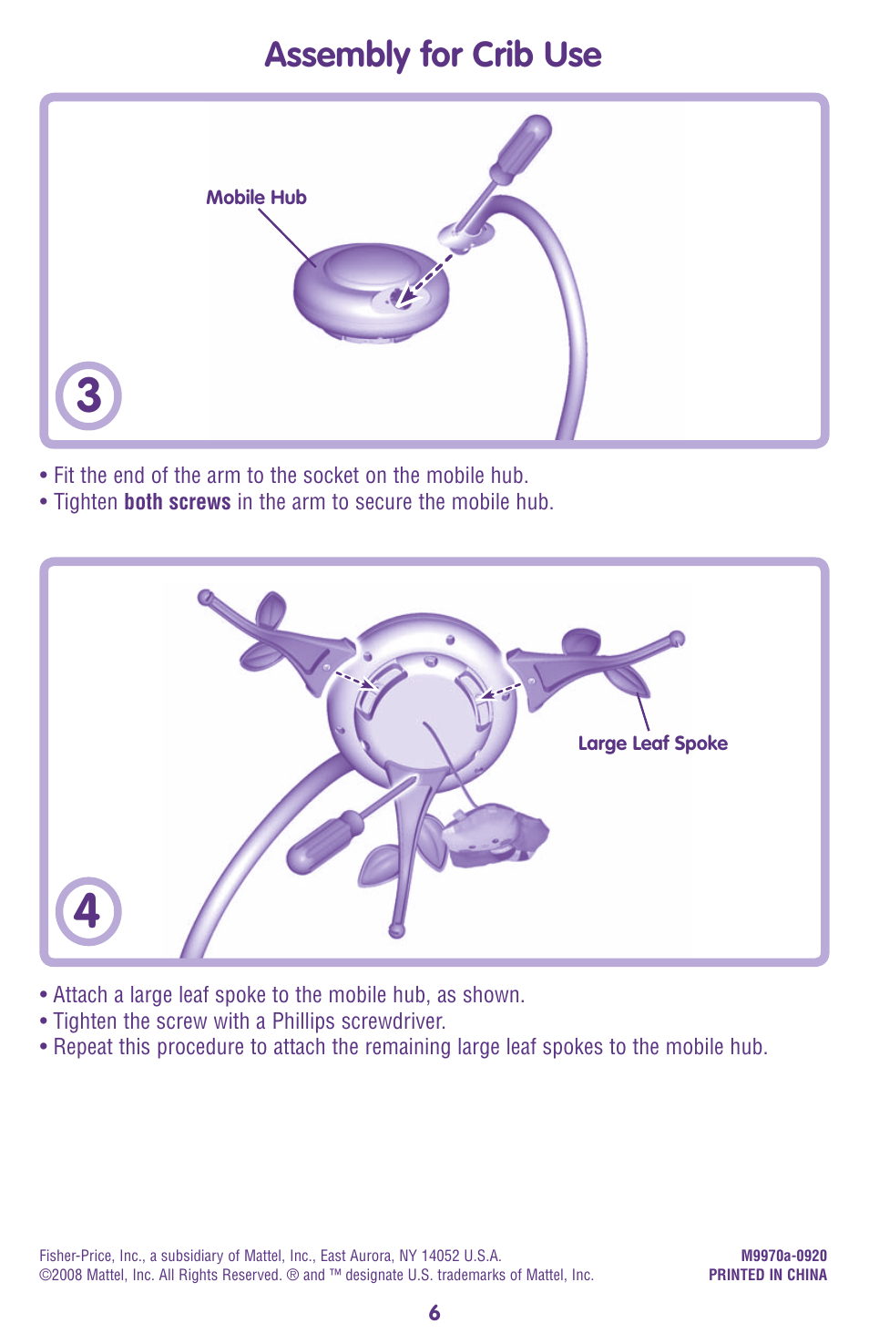 Assembly for crib use | Fisher-Price M9970 User Manual | Page 6 / 12