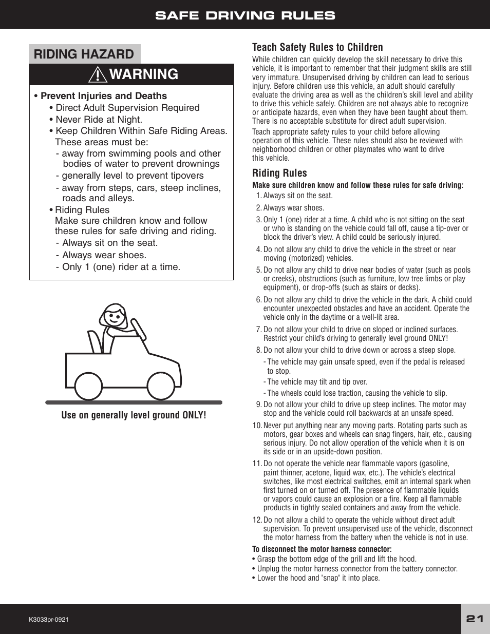 Warning, Riding hazard, Safe driving rules | Teach safety rules to children, Riding rules | Fisher-Price POWER WHEELS F-150 User Manual | Page 21 / 28