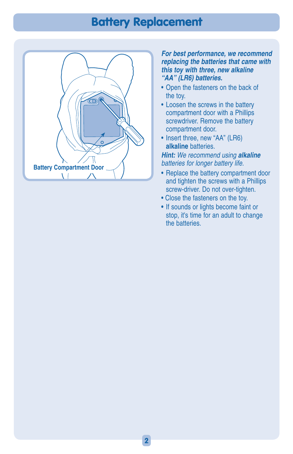 Battery replacement | Fisher-Price H8872 User Manual | Page 2 / 6